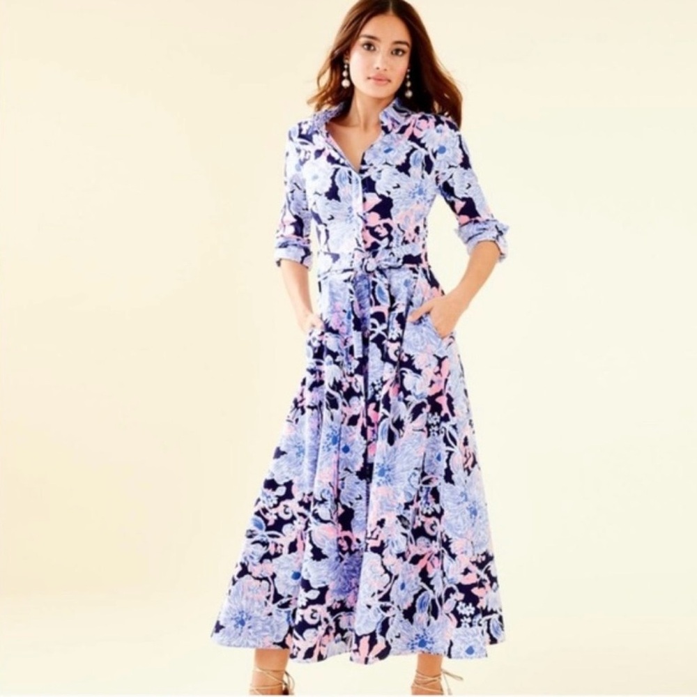 Lilly Pulitzer Midi Shirt Dress Bright Navy Amore, Sz 6
